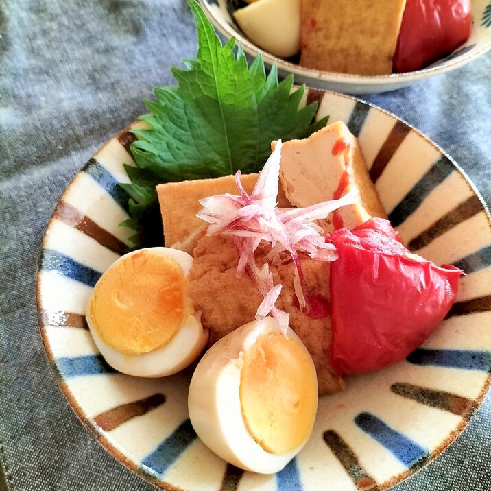 夏煮物♪厚揚げとトマトのあご出汁みょうが♪